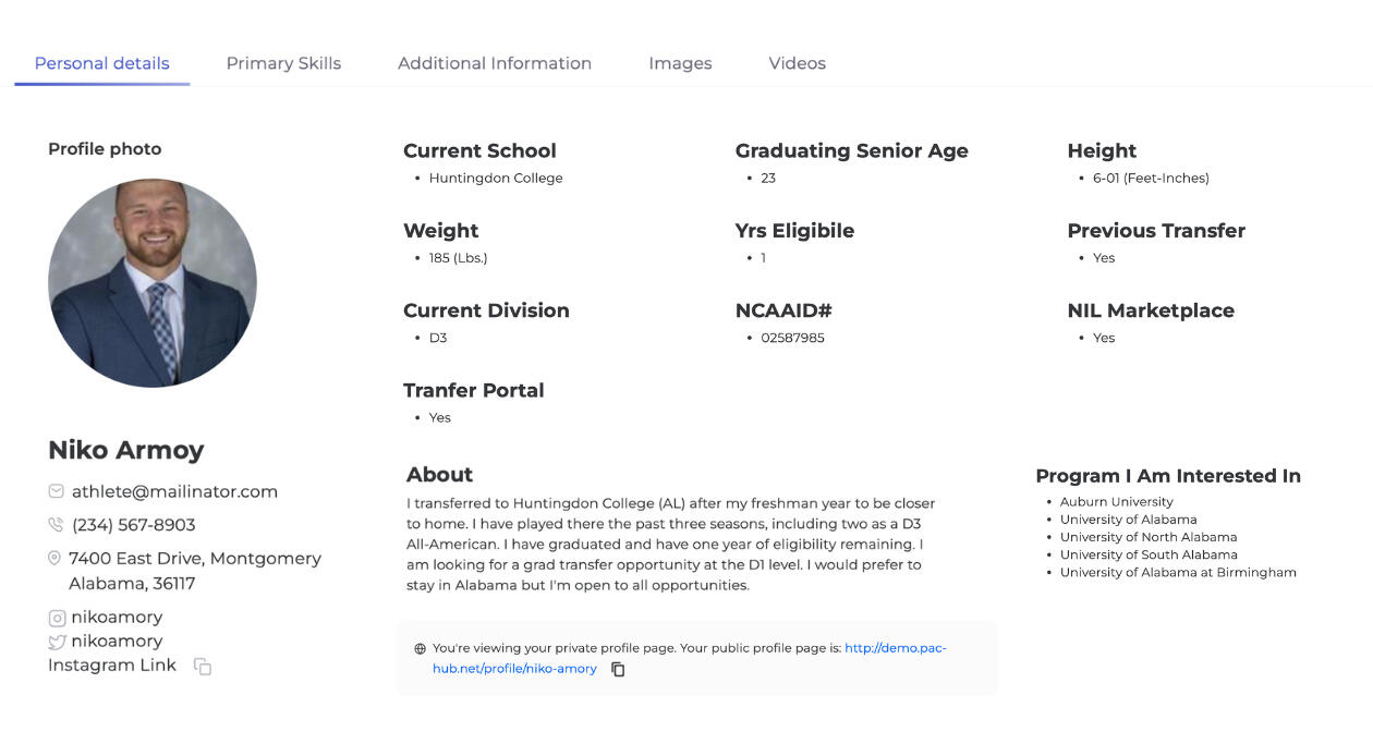 PAC-HUB Coach Profile Page