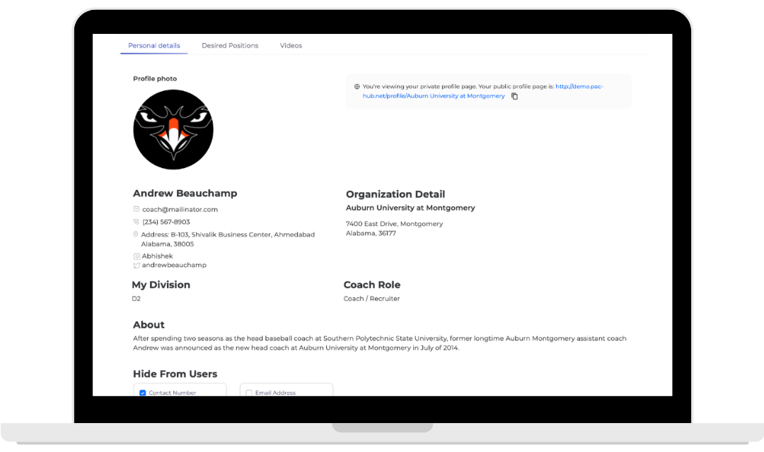 PAC-Hub Coach Profile Page